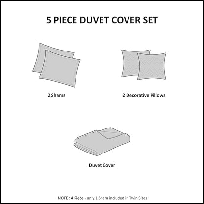 Duvet Cotton Jacquard Weave Colorful Poms Accent, Shabby Chic Cover for Comforter Cozy Bedding Set, Matching Shams, Decorative Pillows, Full Queen, Multi, 5 Piece
