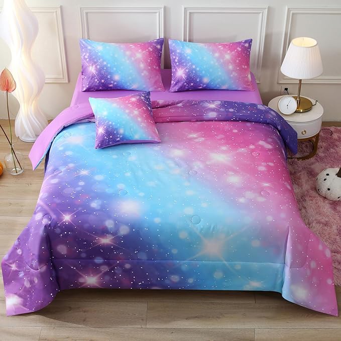 JQinHome Glitter Bedding Set Queen Size,6 Piece Bed in A Bag 3D Colorful Rainbow Galaxy Comforter Set for Girls Kids-All Season Microfiber Tie-Dye Bedding Sets (Blue Purple)