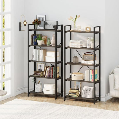 FATORRI 5 Tier Industrial Bookshelf, Rustic Etagere Bookcase for Display, Vintage Shelving Unit Wood and Metal Tall Book Shelves for Home Office (Walnut Brown)