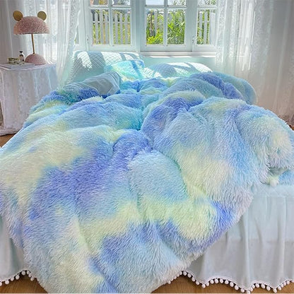 Faux Fur Kids Girls Green Rainbow Comforter Sets Queen - 3PC Bed Set Warm Comfortable Soft Plush Flannel Velvet Fluffy Fuzzy Bedding（Comforter x 1 Pillowcases x 2）