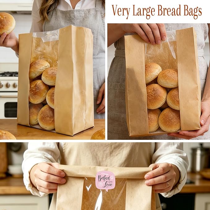 Extra Large Paper Bread Bags for Homemade Bread with Window & Sticker for XL Sourdough Breads, Round Loaf, Baked Goods, Oval Loaves, Brown Kraft - 20 Pcs 16x10x5 Inch