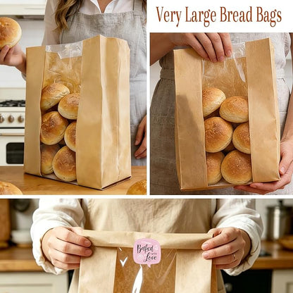 Extra Large Paper Bread Bags for Homemade Bread with Window & Sticker for XL Sourdough Breads, Round Loaf, Baked Goods, Oval Loaves, Brown Kraft - 20 Pcs 16x10x5 Inch