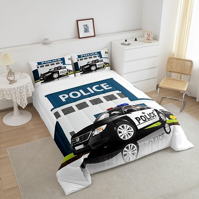 Children Police Car Down Comforter, 3D Car Pattern Comforter Set Queen Size for Kids Boys Girls Teens Bedroom, Cartoon Automobile Quilted Duvet, Decorative 3 Piece Bedding Set with 2 Pillow Cases