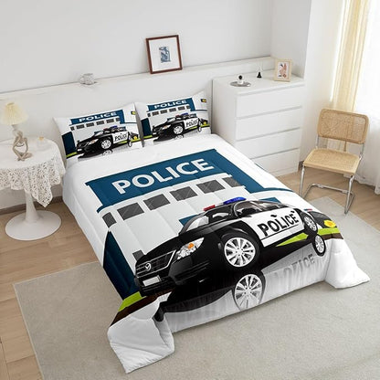 Children Police Car Down Comforter, 3D Car Pattern Comforter Set Queen Size for Kids Boys Girls Teens Bedroom, Cartoon Automobile Quilted Duvet, Decorative 3 Piece Bedding Set with 2 Pillow Cases