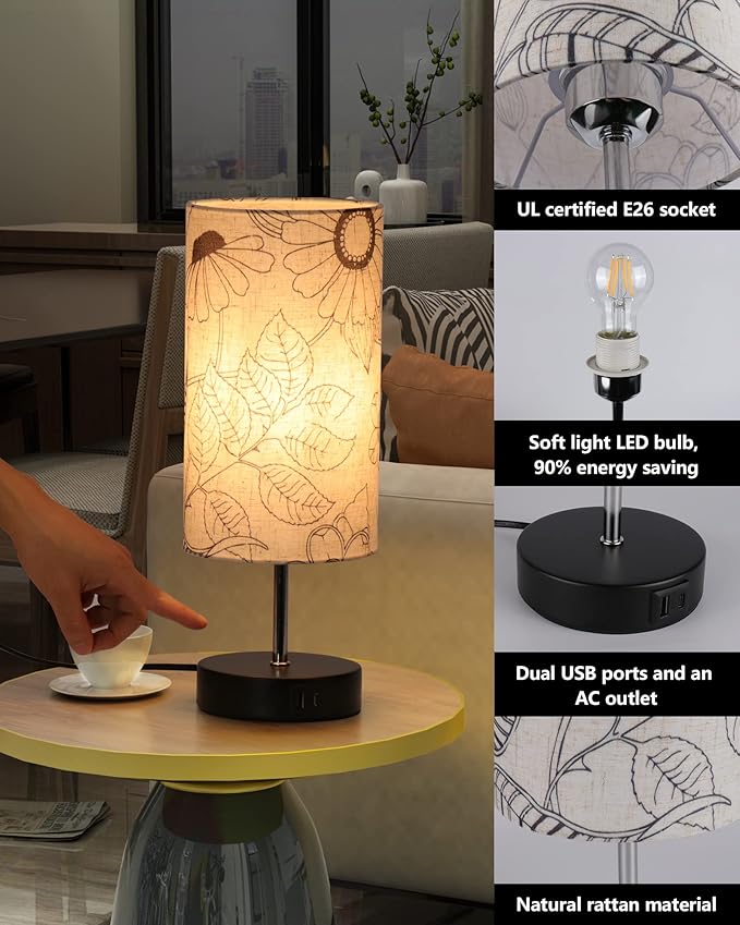 Touch Control Desk Lamp with 2 USB Ports, 3-Way Dimmable Bedside Lamp for Bedroom, Nightstand Lamp with Round Flower Fabric Shade for Living Room, Home Office (secret-single)