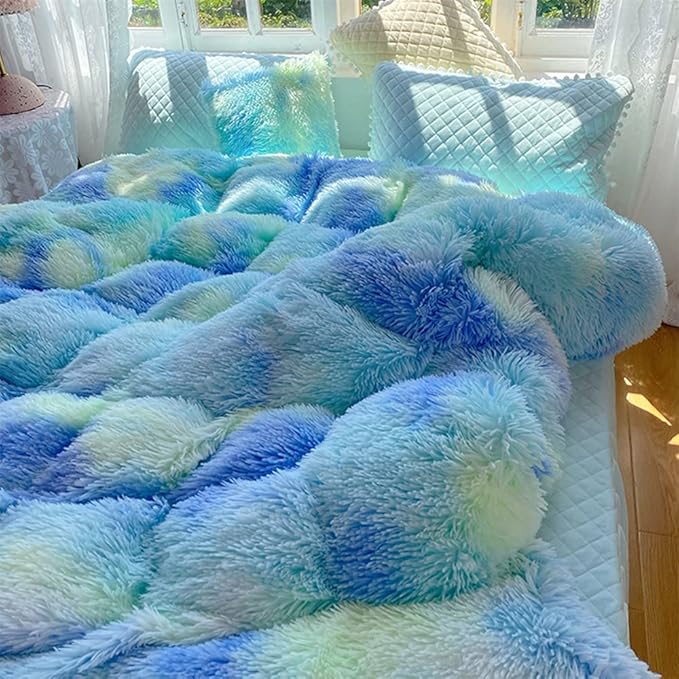 Faux Fur Kids Girls Green Rainbow Comforter Sets Twin/Full - 3PC Bed Set Warm Comfortable Soft Plush Flannel Velvet Fluffy Fuzzy Bedding（Comforter x 1 Pillowcases x 2）