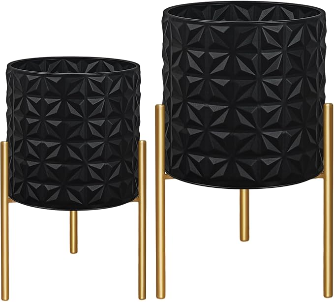 ARNIS Modern Planter Pots, Set of 2 Large Planters with Stand, Decorative Planters, Metal Pots with Drainage Holes for Living Room, Office, Garden or Balcony, 10.5 &12.25 Inch, Matte Black