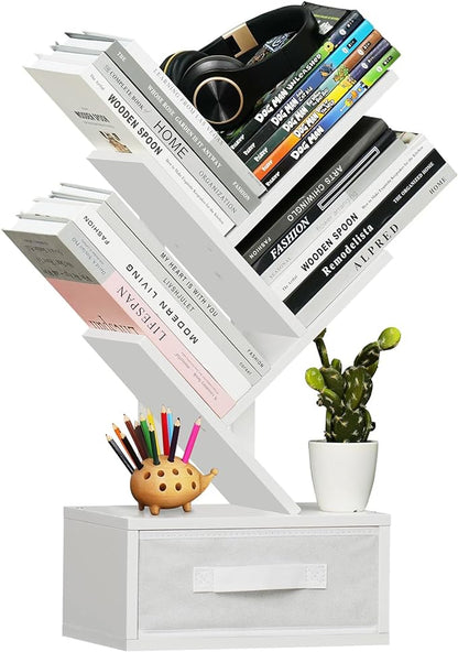 Small Bookshelf with Drawer,4 Tier Tree Book Shelf,Wood Desk Bookshelves,Modern Free Standing Desktop Display Shelves,White Floor Standing Organizer Bookcase for Living Room,Bedroom,Office