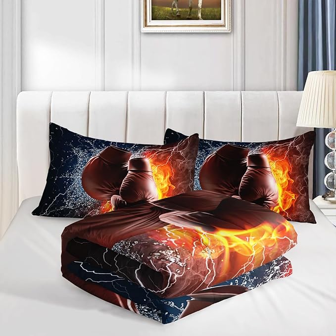 Axolotl Boxing Bedding Set Twin,Sports Theme Comforter Set Boxing Gloves Pattern Bedding Set,Red Blue Cool Lightning Comforter Pugilism Games Bedding Set for Kids Boys Teens Men,1 Quilt 2 Pillowcases