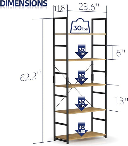 NUMENN 5 Tier Bookshelf, Tall Bookcase Shelf Storage Organizer, Modern Book Shelf for Bedroom, Living Room and Home Office, Natural
