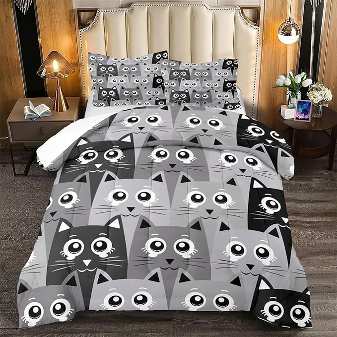 Cat Queen Comforter Set for Bedroom - 3Pcs Grey Cat Comforter Set for Teens Kids Cute Cartoon Cat Bedding Set Ultra Soft Warm Lightweight Kawaii Animal Patterns Comforter with 2 Pillowcases