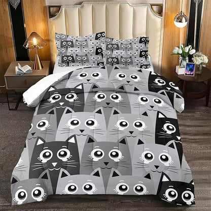 Cat Queen Comforter Set for Bedroom - 3Pcs Grey Cat Comforter Set for Teens Kids Cute Cartoon Cat Bedding Set Ultra Soft Warm Lightweight Kawaii Animal Patterns Comforter with 2 Pillowcases