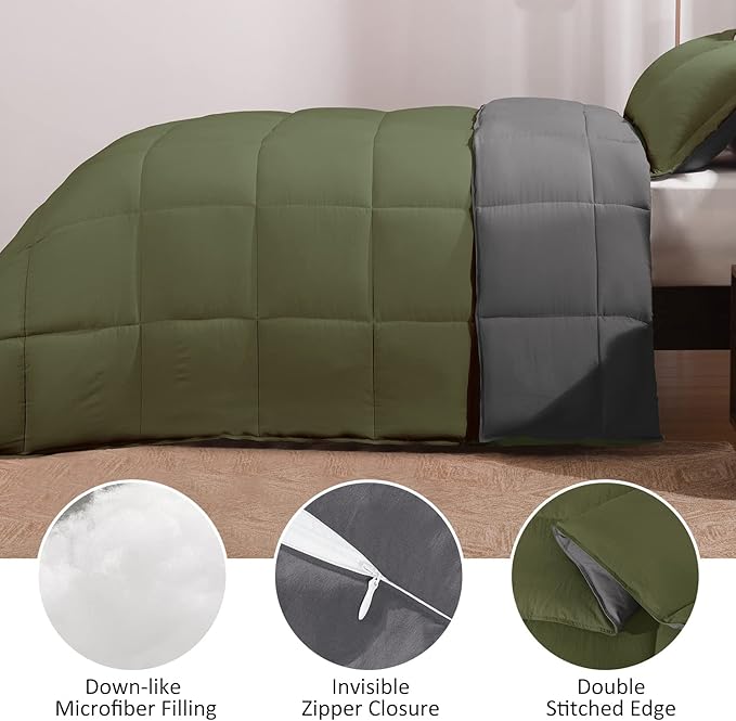 Basic Beyond King Size Comforter Set - Fluffy King Bed Comforter Set for All Seasons - Reversible Olive Green King Size Comforter Set - 3 Pieces (1 Comforter + 2 Pillow Shams) - Olive Green/Drak Gray