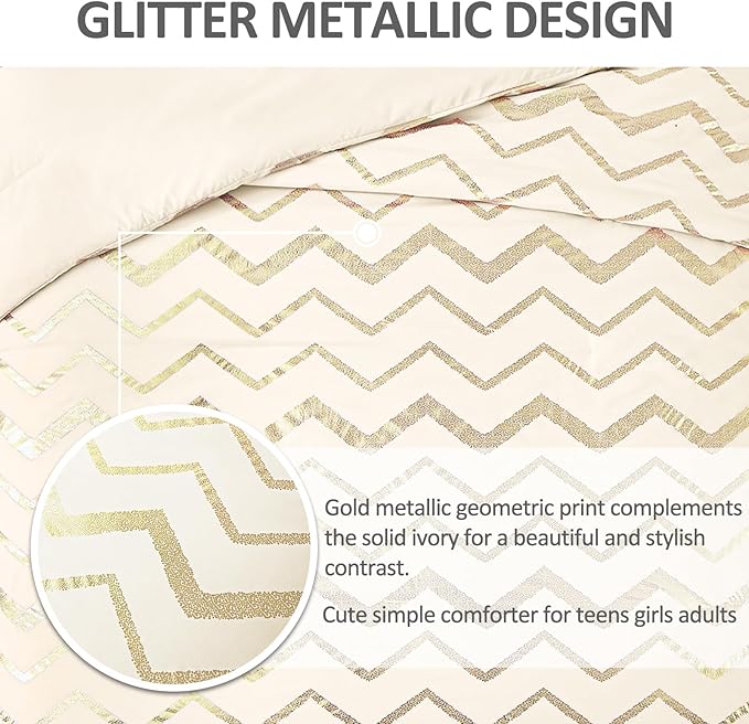 Cream Comforter Set Queen Size Metallic Gold Bedding Set All Season Lightweight Microfiber Comforter for Girls, 4 Piece (2 Pillow Shams + 1 Decorative Pillow Sham)