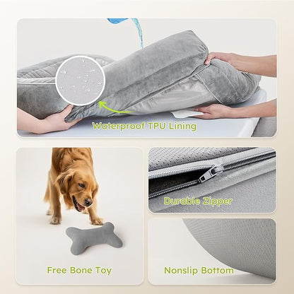 XXL Dog Bed for Large Dogs, Orthopedic Gel Memory Foam, Waterproof, 53" Dutch Velvet Sofa Bed, Light Gray