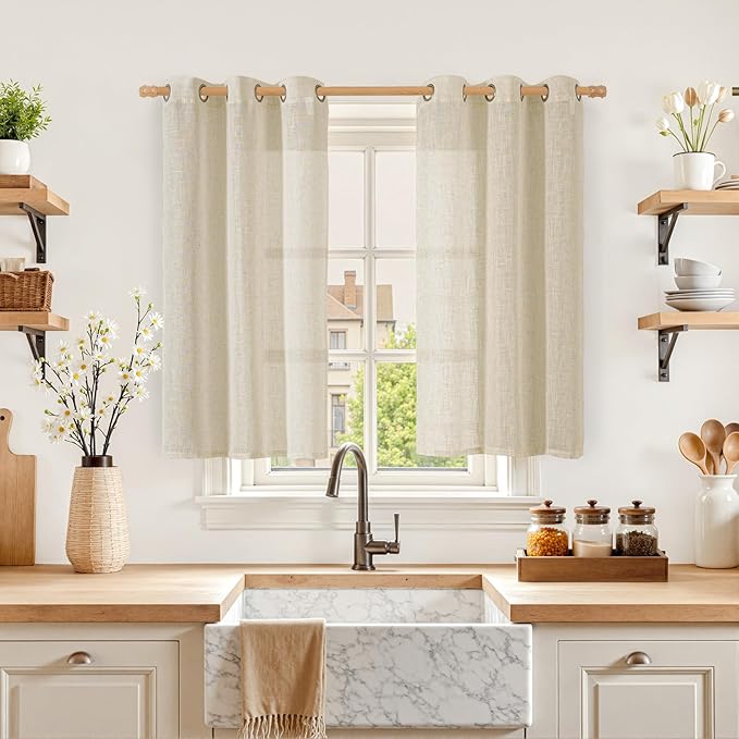 LAMIT Short Linen Curtains 40 Inch Length for Kitchen, Semi Sheer Light Filtering Window Curtains Farmhouse Boho Bronze Grommet Panels for Cafe/RV Camper, Linen, 2 Panels, 34 x 40 Inch