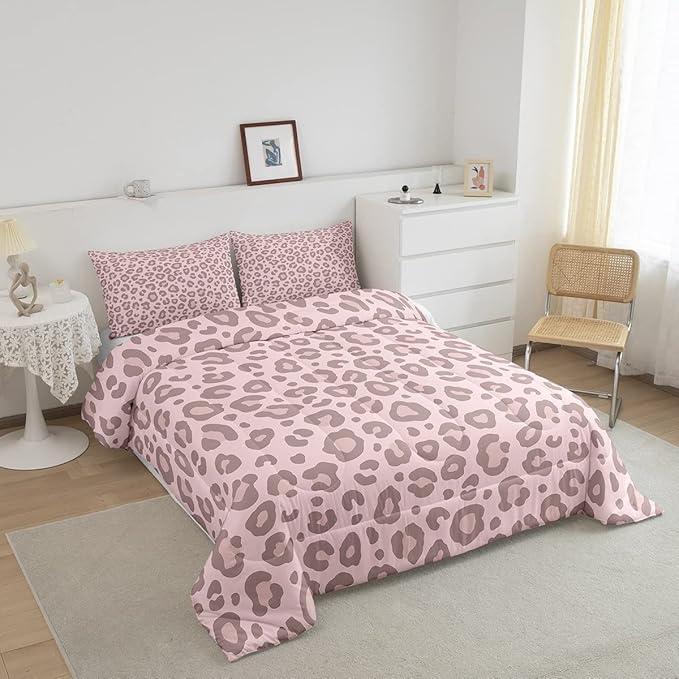 Feelyou Pink Leopard Skin Comforter Leopard Print Comforter Set for Kids Boys Girls Africa Cheetah Printed Bedding Set Soft Decor Safari Animal Fur Duvet Set King Size Quilt Boys