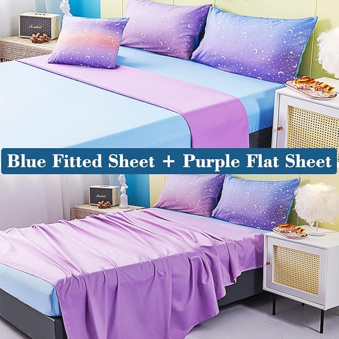 URBONUR Twin Comforter Set for Girls 6Pcs Gradient Purple Orange Blue Moon Star Printed Bed in a Bag Soft Breathable Bedding Set for All Season (Star, Twin Size)
