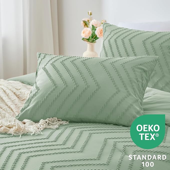 CozyLux Queen Comforter Set Sage Green - 3 Pieces Boho Tufted Shabby Chic Bedding Comforter Set for All Seasons, Chevron Bedding Sets with Comforter & 2 Pillow Shams