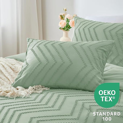 CozyLux Queen Comforter Set Sage Green - 3 Pieces Boho Tufted Shabby Chic Bedding Comforter Set for All Seasons, Chevron Bedding Sets with Comforter & 2 Pillow Shams