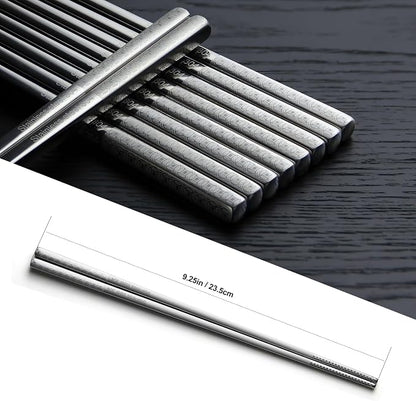 IQCWOOD Laser Engraved 18/8 Stainless Steel Chopsticks, 5 Pairs Reusable Dishwasher Safe Metal Chopsticks, Non-Slip Square Japanese Korean Style Chop Sticks for Cooking Eating, 9 1/4 Inches Gift Set