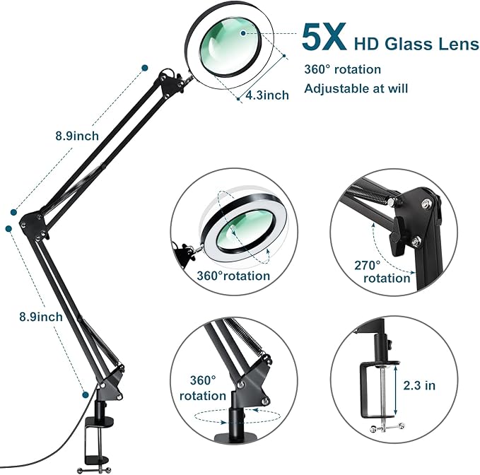 Magnifying Glass with Light and Stand 12V/1A Adapter 5X LED Magnifying Lamp 3 Color Modes Stepless Dimmable 2-in-1 Desk Magnifier with Light, for Hobby Reading Crafts Repair Reading Close Work