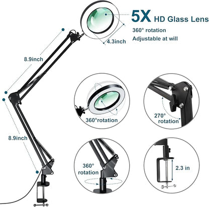 Magnifying Glass with Light and Stand 12V/1A Adapter 5X LED Magnifying Lamp 3 Color Modes Stepless Dimmable 2-in-1 Desk Magnifier with Light, for Hobby Reading Crafts Repair Reading Close Work