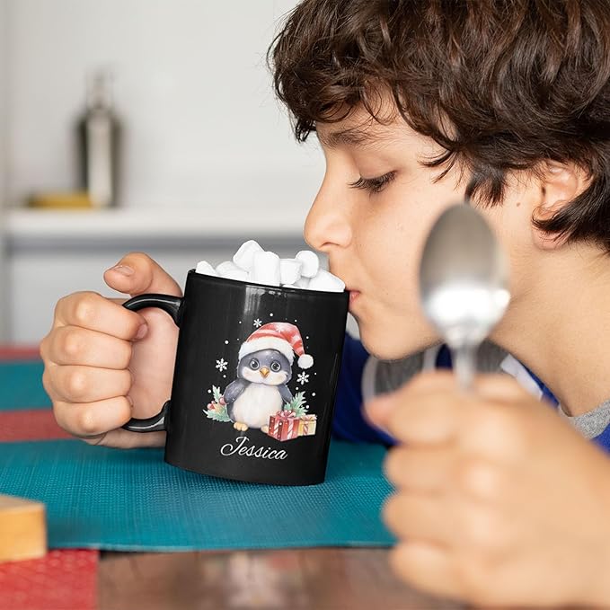Customized Christmas Themed Black Cup, Personalized Cute Xmas Penguin Mug With Name, Gift For Christmas, Custom Animal Wearing Santa Hat Design Cup, Christmas Animal Coffee Mug 11oz 15oz