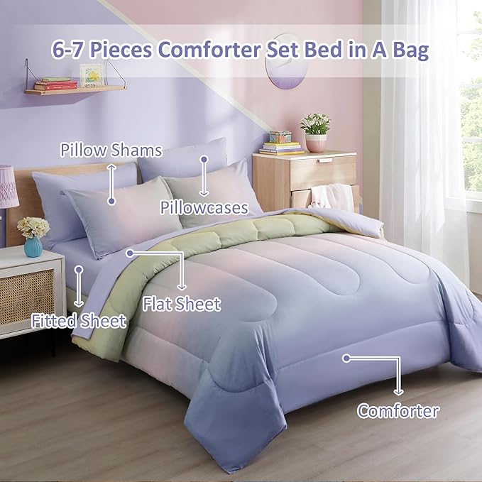 Dinjoy Girls Comforter Set Full Size Colorful Rainbow Ombre Pink Purple Green Bedding Set Gradient 7 Pieces Bed in A Bag for Kids Teen Girl Women(1 Comforter, 1 Flat Sheet, 1 Fitted Sheet)