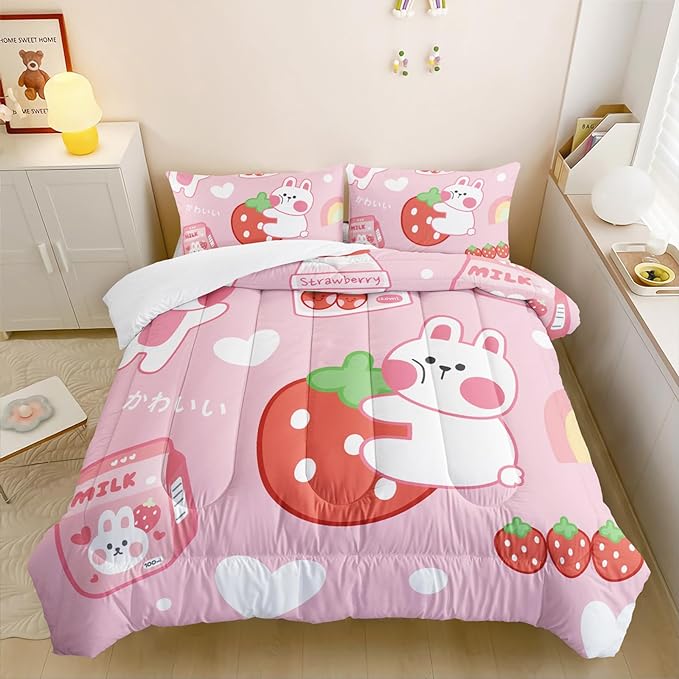Strawberry Rabbit Comforter Set for Kids Teens Girls Women,Pink Bunny Kids Comforter,1 Comforter with 2 Pillowcase, Microfiber 3 Piece Bedding Set,for All Seasons(Pink，King Size)