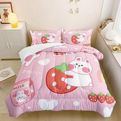 Strawberry Rabbit Comforter Set for Kids Teens Girls Women,Pink Bunny Kids Comforter,1 Comforter with 2 Pillowcase, Microfiber 3 Piece Bedding Set,for All Seasons(Pink，King Size)