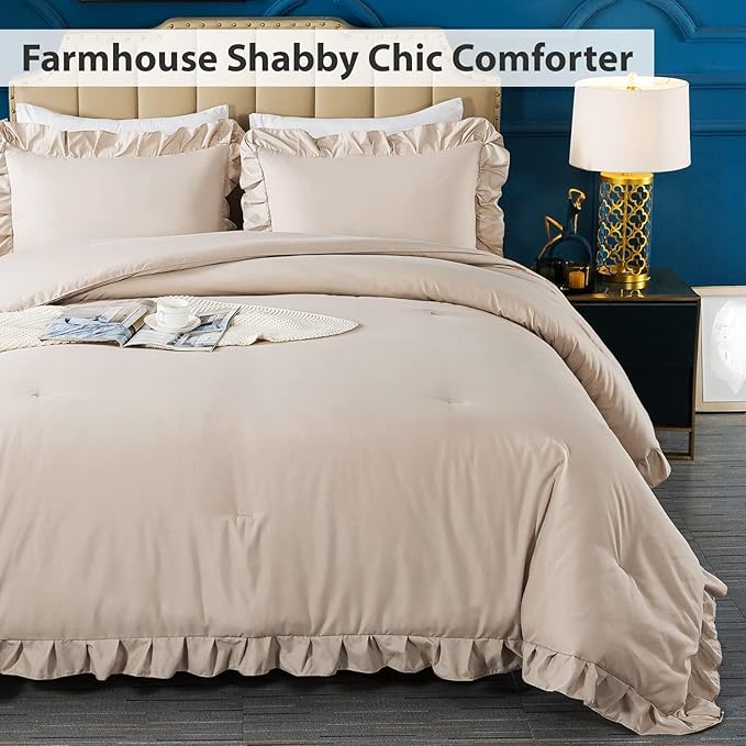 Andency California King Comforter Set Khaki (104x96Inch), 3 Pieces Cal King Ruffle Comforter, Oversized Farmhouse Shabby Chic Bed Comforter, Lighteweight and Soft Microfiber Bedding Set