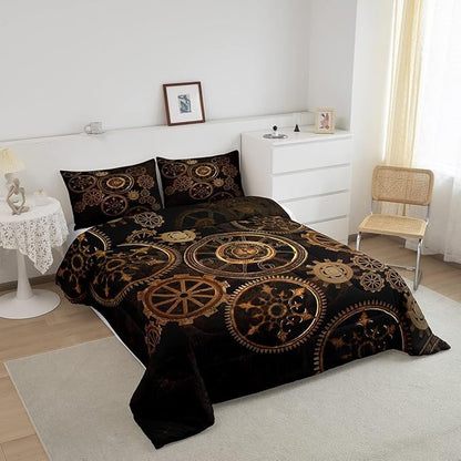 Golden Ndustrial Gear Comforter Set King Size Steampunk Style Bedding Set Clocks Theme Bedding Sets & Collections for Kids Boys Teens Men Mechanical Device Quilt Set,Retro Style Bedroom Decor