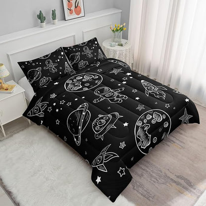 Datura home Kids Space Astronaut Comforter Set for Boys Kids Children,Galaxy Space Ship Astronaut Rocket Printed Bedding Set with 1 Comforter and 2 Pillowcases(Space Galaxy Full), Full 80x90inches