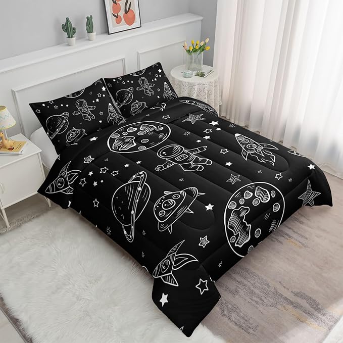 Datura home Kids Space Astronaut Comforter Set for Boys Kids Children,Galaxy Space Ship Astronaut Rocket Printed Bedding Set with 1 Comforter & 2 Pillowcases(Space Galaxy Queen), Queen 90x90inches