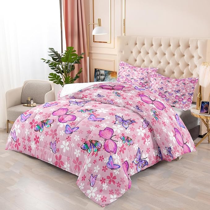 Kids Butterfly Comforter Set - Butterfly Queen Bedding Set Pink Butterflies Prints Bedding Set for Girls Room Cute Princess Bedding Set for All Season Butterfly Bed Set, 1 Comforter + 2 Pillowcases