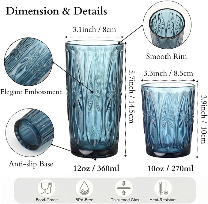 Blue Drinking Glasses Set of 12, 12 Oz Highball & 10 Oz Cocktail Glasses, Blue Kitchen Vintage Glassware Set, Floral Embossed Glass Tumbler Cups for Beer, Juice, Whiskey, Coffee(Snow)