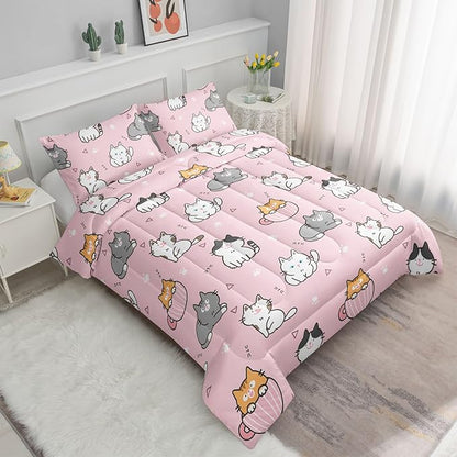 Datura home Pink Kawaii Cat Comforter Bedding Set for Girls Lovely Kitten Print Cute Animal Pattern with 1 and 2 Pillowcases Bedroom All Season(Cat Twin), Twin 68x86inches