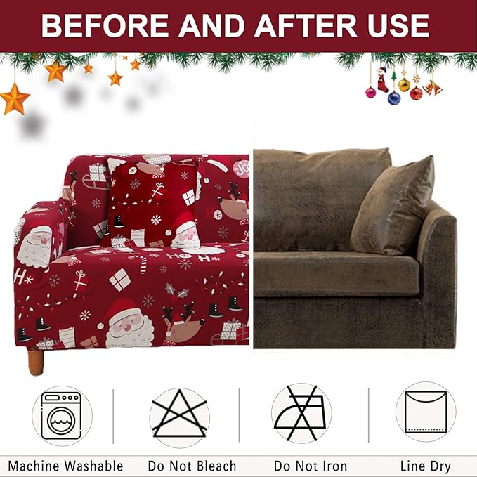 Mybedsoul Christmas Sofa Cover Santa Claus Printed Sofa Couch Cover Washable Furniture Protector with Elastic Bottom Xmas Home Room Festival Decoration(2 Seater/Loveseat)