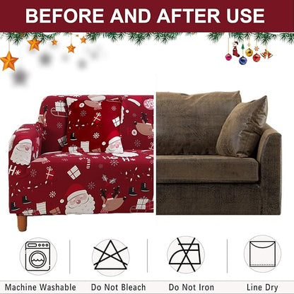 Mybedsoul Christmas Sofa Cover Santa Claus Printed Sofa Couch Cover Washable Furniture Protector with Elastic Bottom Xmas Home Room Festival Decoration(2 Seater/Loveseat)