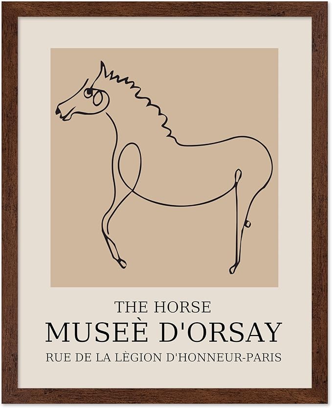 Poster Master Vintage Poster - Retro Minimalist Print - Gift for Artist, Friend - Horse, Line Drawing, Sketch, Abstract - Wall Decor for Living Room, Bedroom, 8x10 Brown Framed