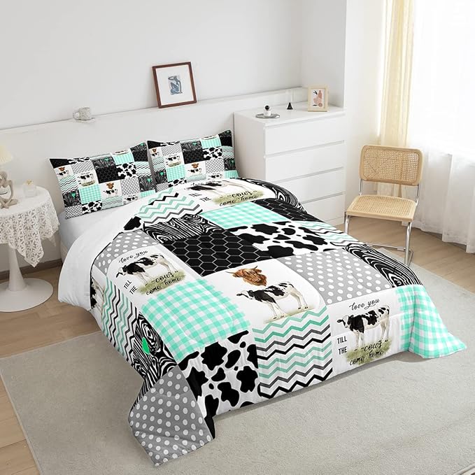Erosebridal Cute Cow Print Comforter Set Full Size Kawaii Highland Cow Bedding Set Bedroom Decor Honeycomb Plaid Pattern Geometric Stripes Down Comforter Farm Animals Duvet Set, Green Black Grey