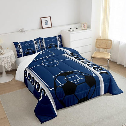 Feelyou Kids Soccer Ball Game Comforter Set Queen Size Rugby Sports Bedding Set for Boys Girls Teens Bedroom Decor Football Comforter Football Lover Duvet Set with 2 Pillow Case