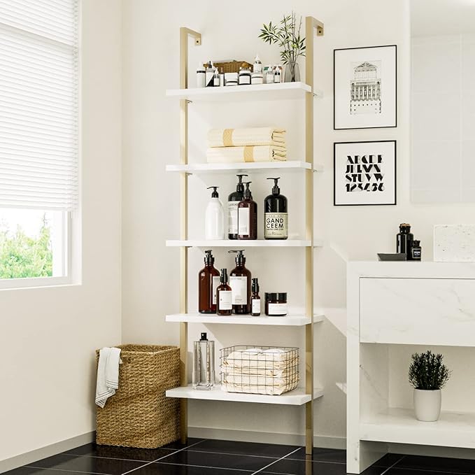 NUMENN 5 Tier Book Shelf, Industrial Ladder Shelf, Open Space Wall Mount Bookshelf with Metal Frame, Sturdy Book Shelves, Bookcase for Living Room, Home Office Shelf, White/Gold