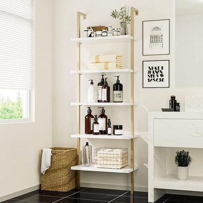 NUMENN 5 Tier Book Shelf, Industrial Ladder Shelf, Open Space Wall Mount Bookshelf with Metal Frame, Sturdy Book Shelves, Bookcase for Living Room, Home Office Shelf, White/Gold