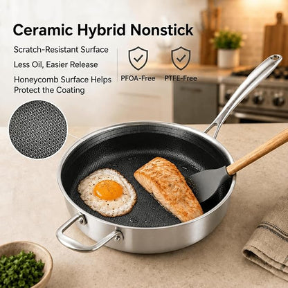 DELARLO Tri-Ply Hybrid Stainless Steel 10 Inch Saute Pan,3QT Chef Cooking Pan,Anti-Scratch,Compatible with All Cooktops,Oven Up to 660℉,Chicken Fryer,Dishwasher-Friendly（Detachable handle）