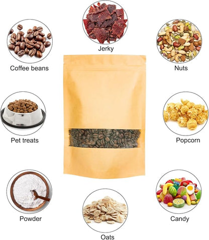 100 Pcs Brown Kraft-Paper-Bags with Window, 3.5 * 5.5 inch Stand Up Zipper Pastry Bags, Zip Lock Food Storage Bag for Packaging Products, Reusable, Sealable