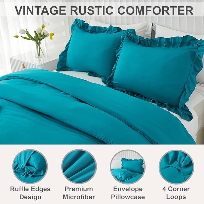 Andency California King Comforter Set Turquoise (104x96Inch), 3 Pieces Cal King Ruffle Comforter, Oversized Farmhouse Shabby Chic Bed Comforter, Lightweight and Soft Microfiber Bedding Set
