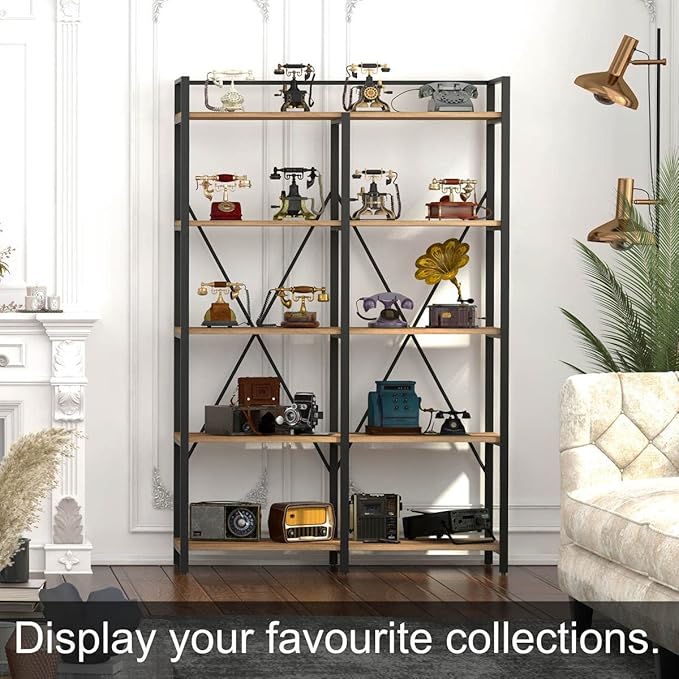 BON AUGURE Industrial Bookshelves and Bookcases, 5 Tier Heavy Duty Etagere Shelving Unit, Farmhouse Rustic Wood Metal Book Shelves for Office, Living Room and Bedroom (Vintage Oak, 43.31 inch Wide)