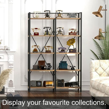 BON AUGURE Industrial Bookshelves and Bookcases, 5 Tier Heavy Duty Etagere Shelving Unit, Farmhouse Rustic Wood Metal Book Shelves for Office, Living Room and Bedroom (Vintage Oak, 43.31 inch Wide)